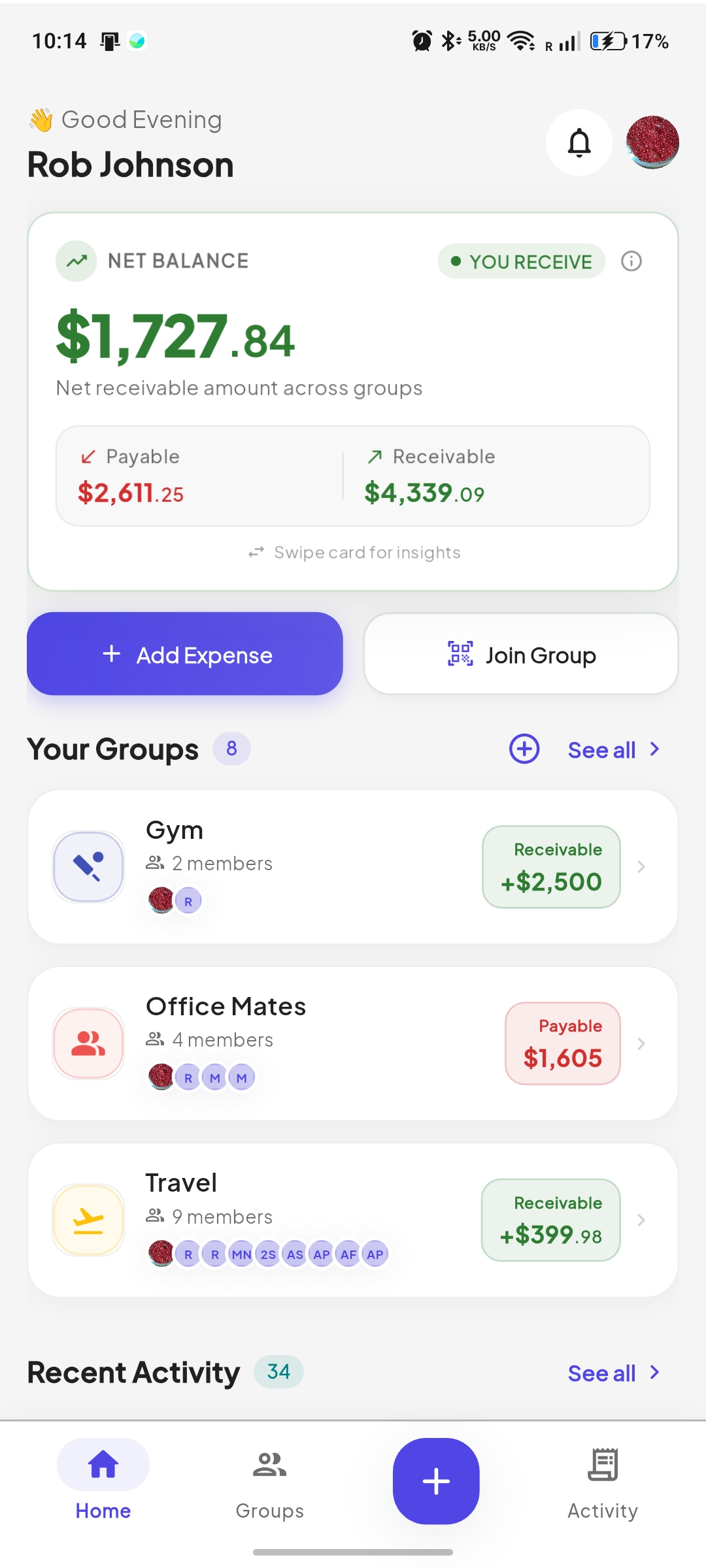 Contri expense tracker dashboard showing net group balances and members
