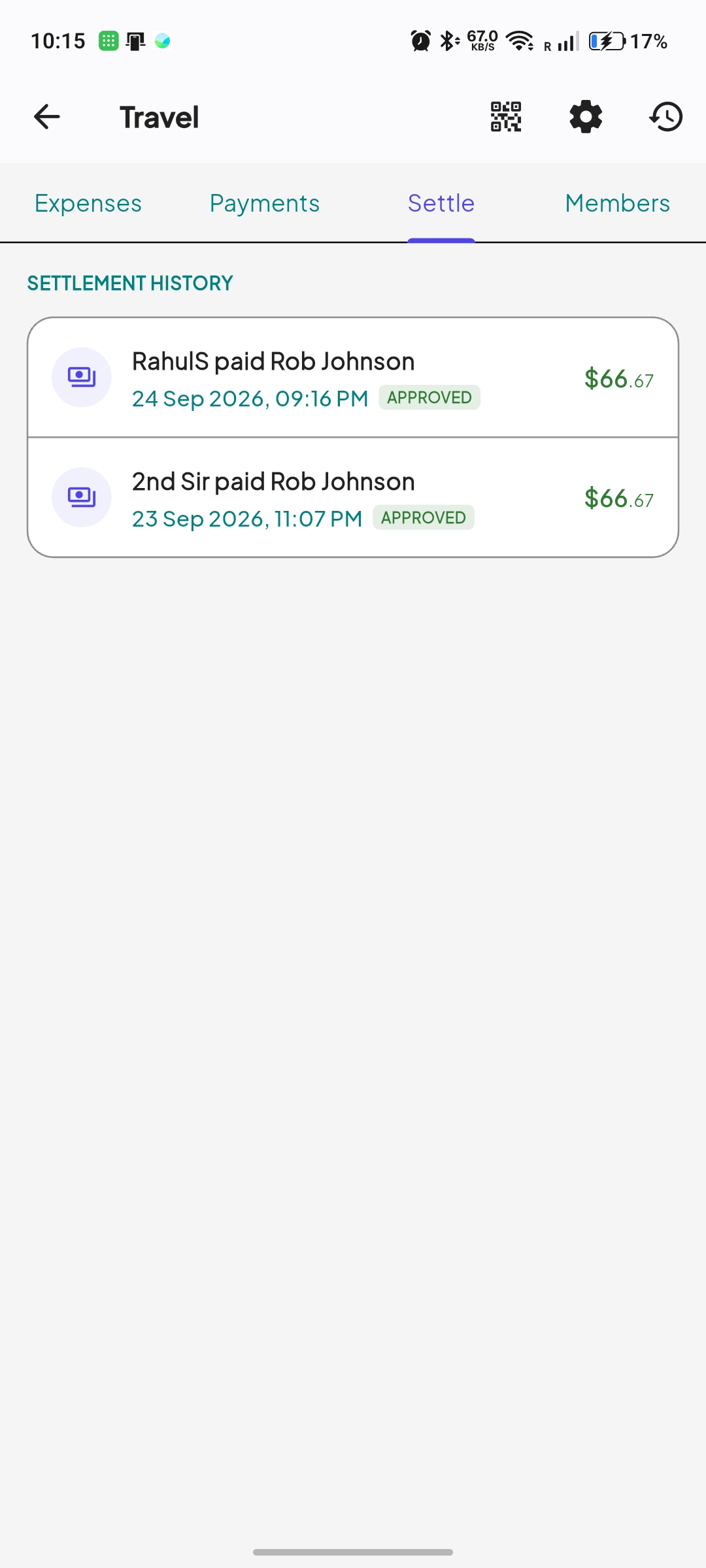 Contri settlement history log with confirmed payments